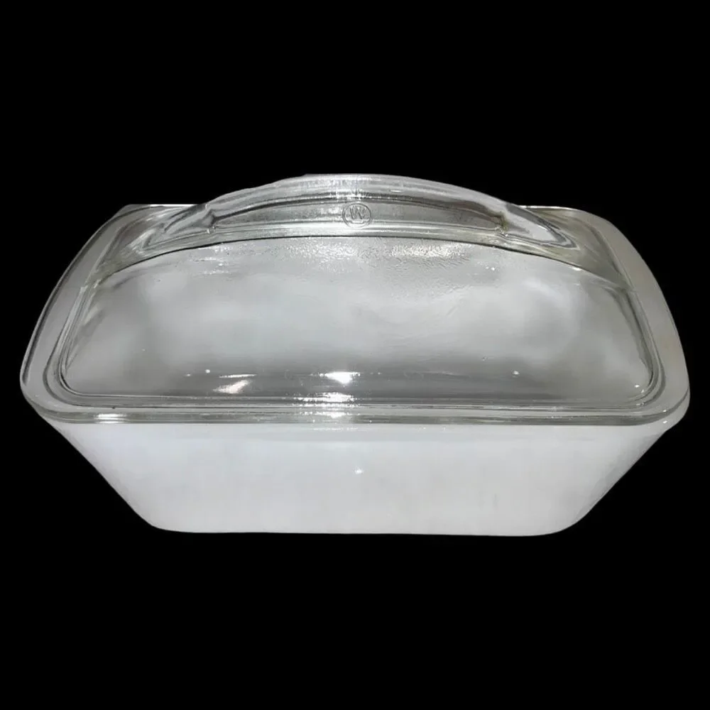 Vintage Westinghouse Loaf Pan Milk Glass Baking Refrigerator Dish Clear Lid 9”